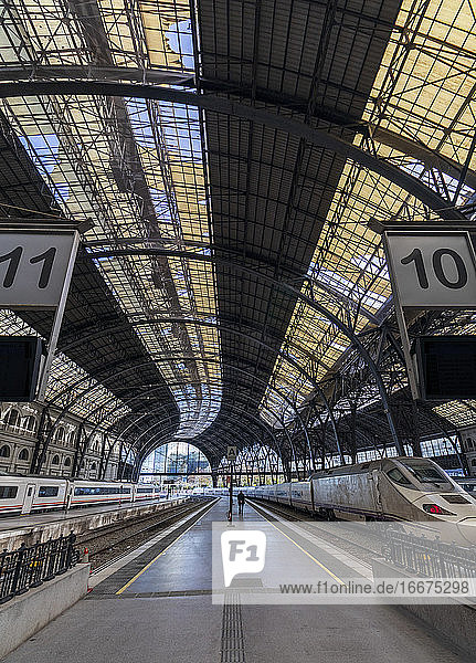 Züge auf den Bahnsteigen eines Bahnhofs in Barcelona mit einem fantastischen Dach