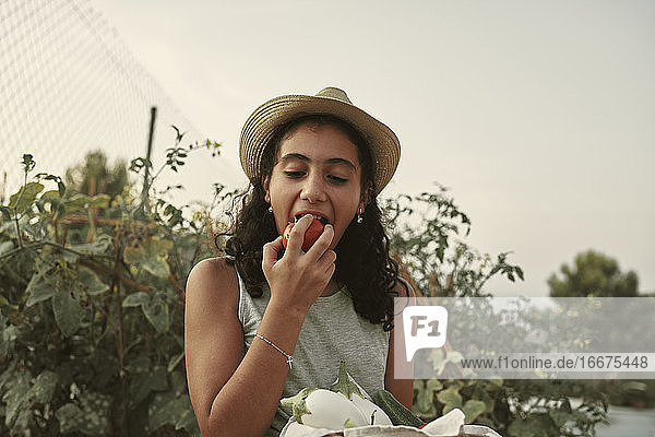 Ein Mädchen mit lockigem Haar isst eine Tomate in ihrem eigenen Garten