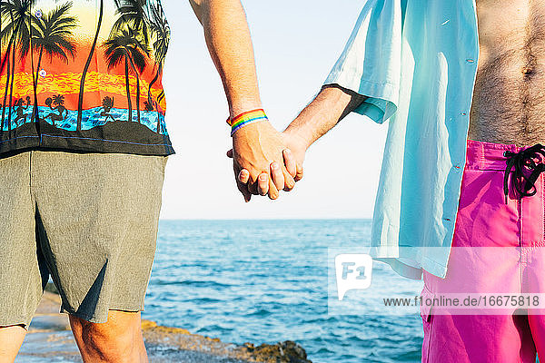 Zwei verliebte Männer halten sich am Strand an den Händen. Archivfoto.