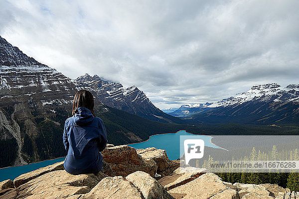 Girl Enjoying The View On A Hike At Peyto Lake  Banff National Park