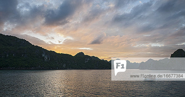 sunset over Halong Bay in Vietnam