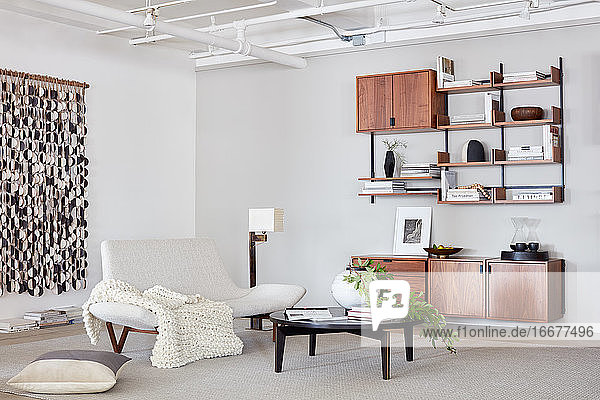Clean  modern livingroom setting with shelving