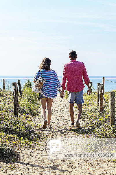 Rückenansicht eines jungen Paares  das händchenhaltend zum Strand geht