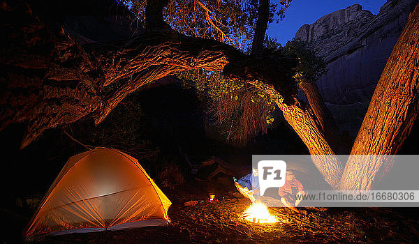 Freunde zelten unter einem Baum im Escalante National Park