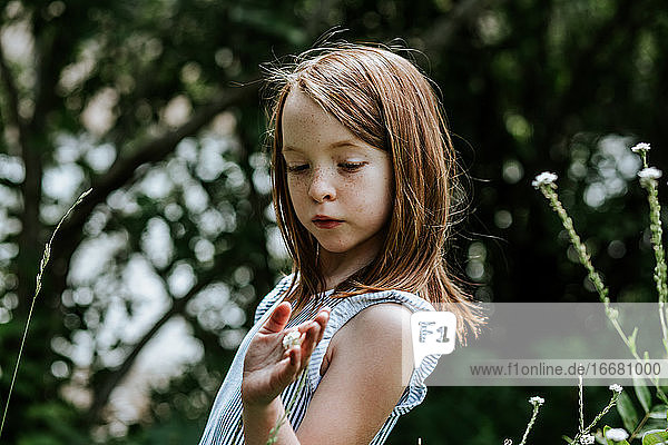 Junges Mädchen blickt auf eine kleine weiße Blume in ihrer Hand