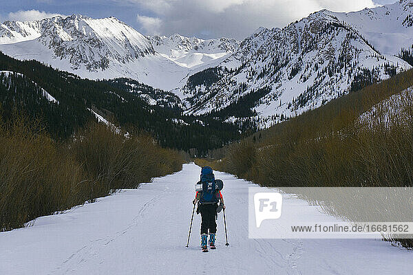 Rear view of hiker splitboarding on snow covered land against mountains