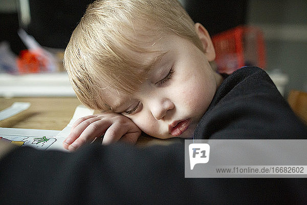 Close-up of cute toddler boy asleep with head leaning on arm at table