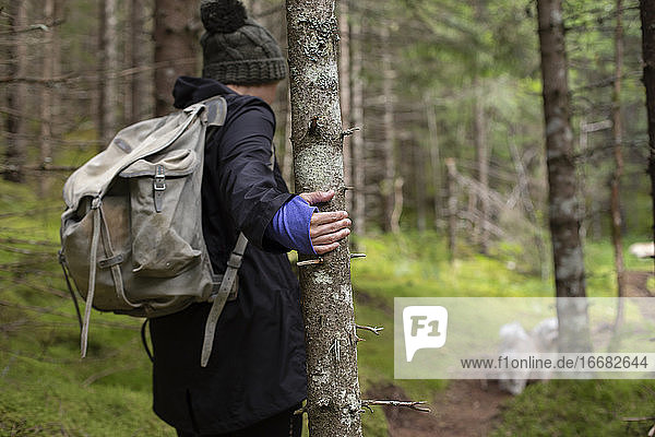 Ein Wanderer  der sich auf einem Waldweg an einem Baum festhält  um Halt zu finden