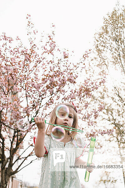 Seifenblasen in den Kirschblüten blasen