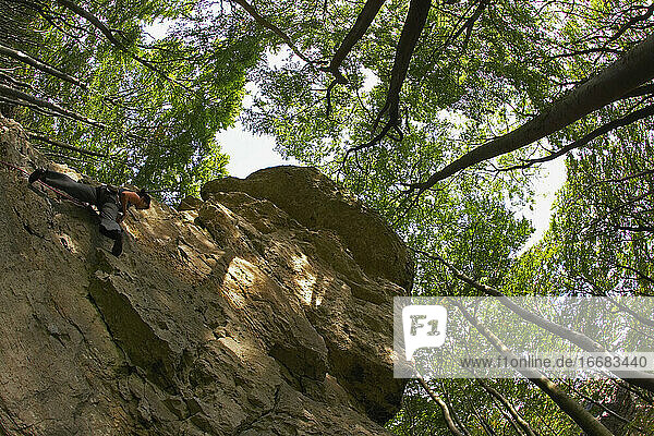 Reife Frau klettert auf Kalksteinfelsen in Norddeutschland