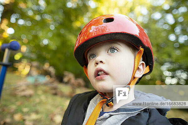 Preschool Age Boy Wearing Red Helmet Looks Up While Outside Playing