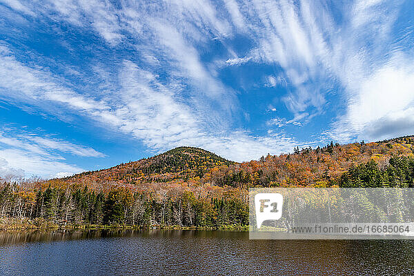 Wunderschöner Tag mit blauem Himmel während der Herbstfärbung in den NH White Mountains.