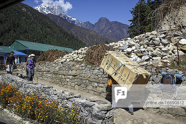 Ein Träger trägt einen Kühlschrank auf dem Weg zum Everest Base Camp.