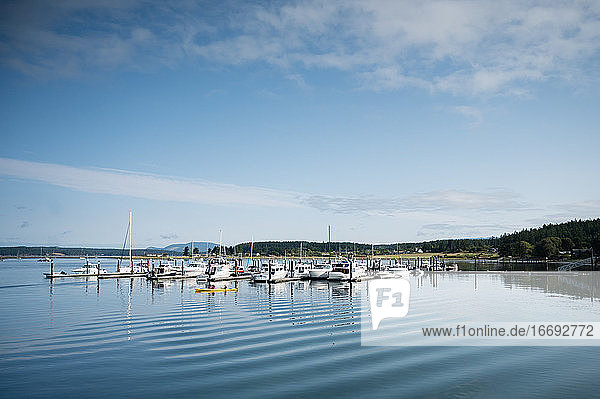 Sailboats and a yellow kayak under the blue sky at the Lopez Island harbor