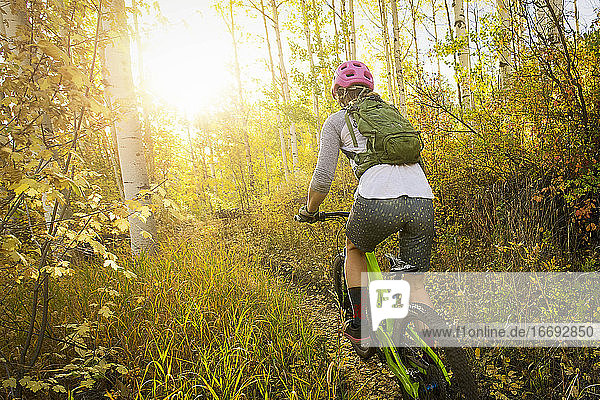 Rückansicht einer Frau beim Mountainbiking im Wald im Herbst