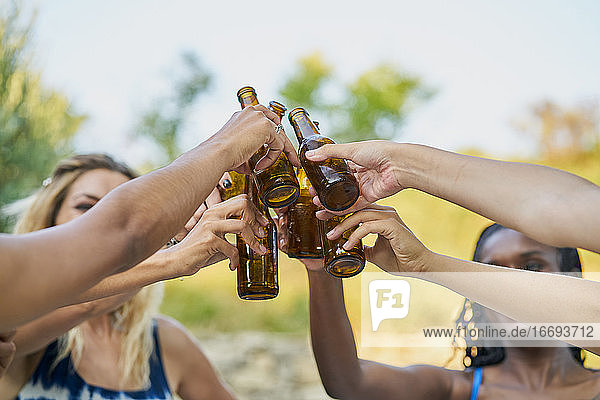 Close-up of group of female friends toasting with beer