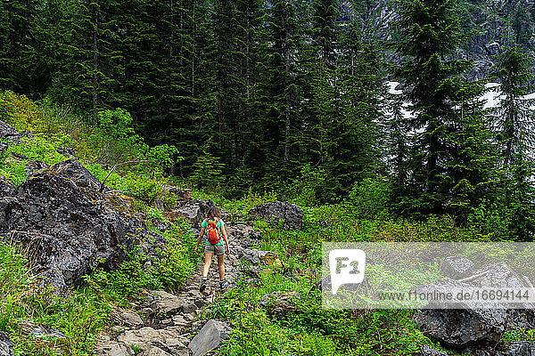 Fitte junge Wanderin auf einem felsigen Pfad im Wald