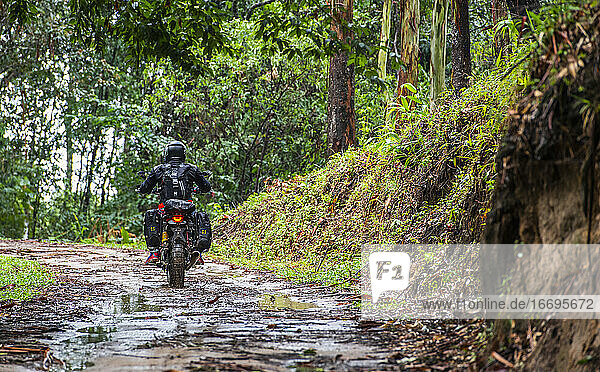 Mann fährt mit seinem Scrambler-Motorrad durch den Wald