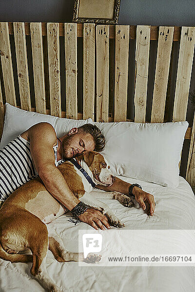 A young blond boy sleeping next to his dog in the bed