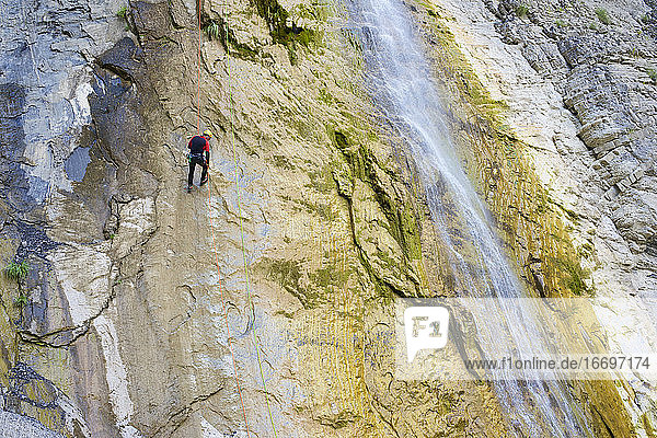 Canyoneering Sorrosal Canyon in the Pyrenees  Broto village  Huesca Province in Spain.
