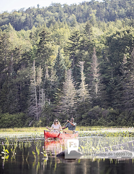 couple  white woman and black male paddle in red canoe on lake  Maine