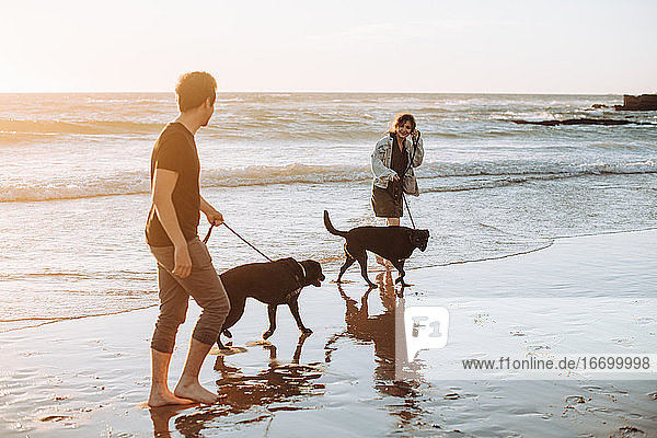 Millennial Mann und Frau mit zwei Hunden zu Fuß am Strand bei Sonnenuntergang