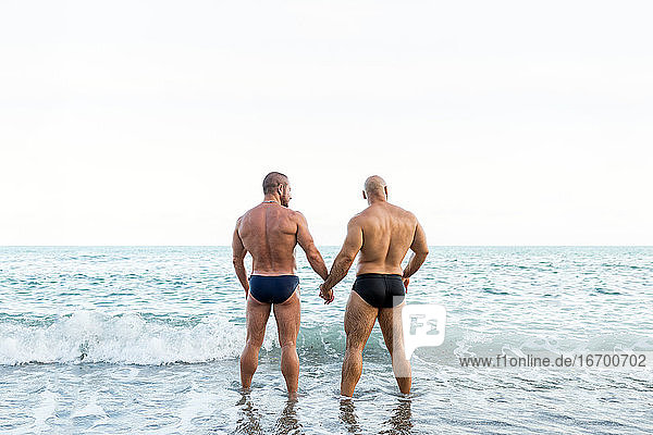 Lgbt pride concept. Muscled gay bear couple standing back on the shore of the beach. Holding hands and looking to the seascape.