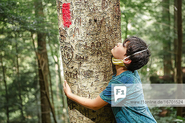 Ein kleiner Junge umarmt traurig einen mit Graffiti beschmierten Baumstamm