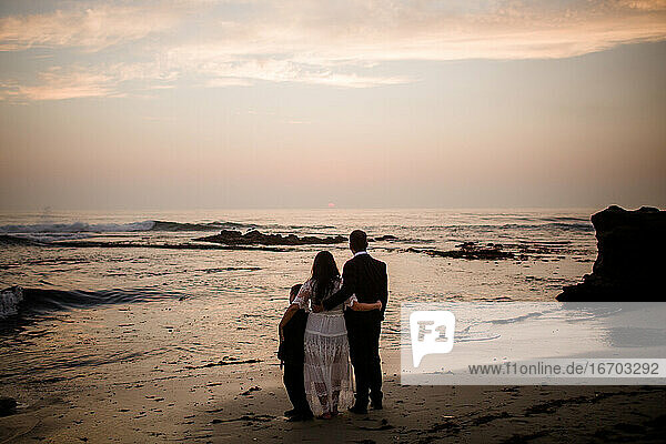 Newlyweds & Nine Year Old Son on Beach at Sunset in San Diego