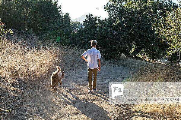 The Back Of A Boy And His Dog Walking On A Trail