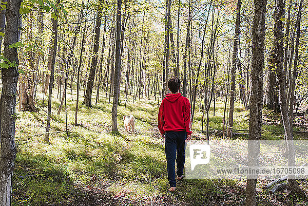 Teenage boy walking through the woods with his dog on a summer day.