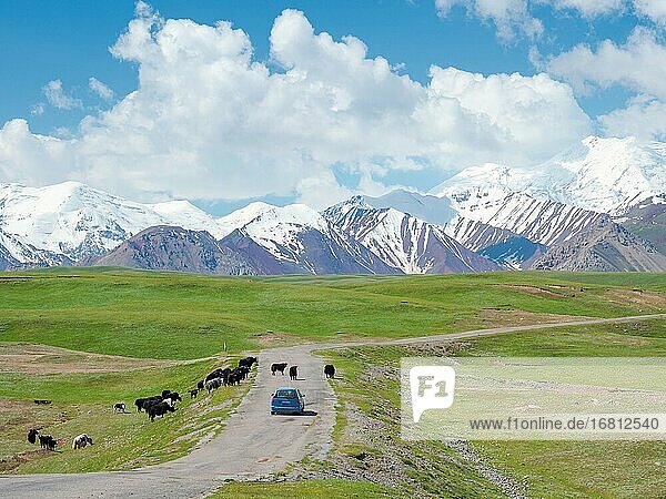 Die Straße nach Kyzyl Art Bergpass nach Tadschikistan. Das Alaj-Tal mit den Transalai-Bergen im Hintergrund. Das Pamirgebirge  Asien  Zentralasien  Kirgisistan.
