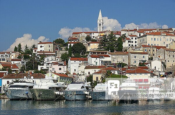 Hafen mit Schiffsanlegestelle und Sankt Martin Kirche  Adriaküste  Vrsar  Istrien  Kroatien  Europa