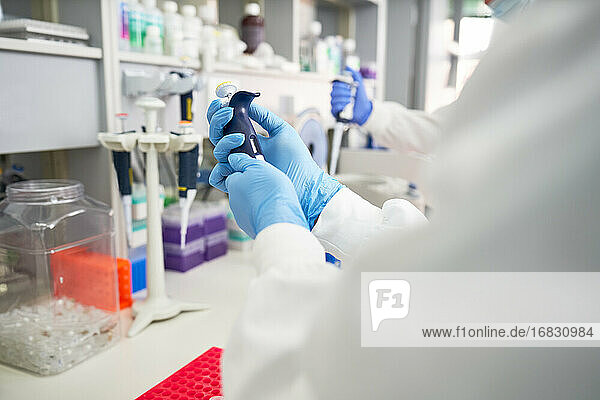 Wissenschaftler im Gummihandschuh bei der Vorbereitung einer Pipette im Labor