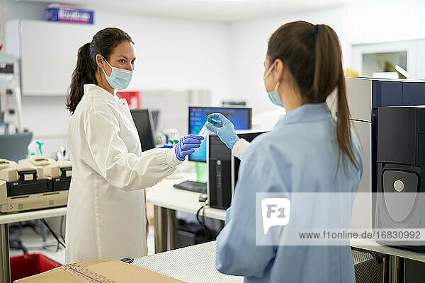 Weibliche Wissenschaftler mit Gesichtsmasken  die eine Probe im Labor halten