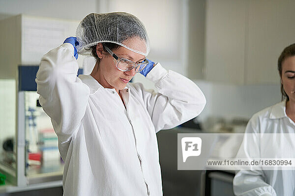 Weibliche Wissenschaftlerin beim Anlegen eines Haarschutznetzes im Labor