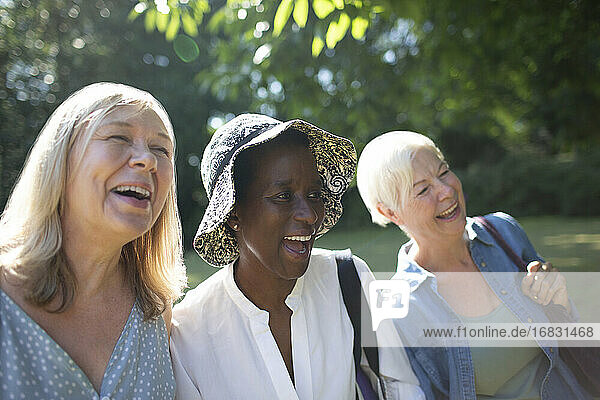 Glückliche ältere Frauen Freunde lachen in sonnigen Sommergarten