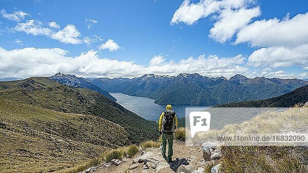 Wanderer auf Wanderweg Kepler Track  Great Walk  Ausblick auf South Fiord des Lake Te Anau  hinten Murchison Mountains  Fiordland National Park  Southland  Neuseeland  Ozeanien