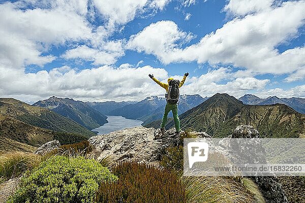 Mountaineer  hiker looks into the distance  stretching arms in the air  view of the South Fiord of Lake Te Anau  Murchison Mountains and Southern Alps in the background  on the Kepler Track hiking trail  Fiordland National Park  Southland  New Zealand  Oceania