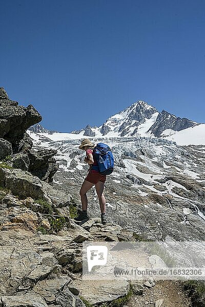 Mountaineer  Hiker on the way to the Refuge Albert 1er  Glacier du Tour  Glacier and mountain peaks  High alpine landscape  Peak of the Aiguille de Chardonnet  Chamonix  Haute-Savoie  France  Europe
