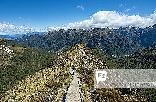 Wanderer auf Wanderweg Kepler Track  Ausblick auf Kepler Mountains  Great Walk  Fiordland National Park  Southland  Neuseeland  Ozeanien