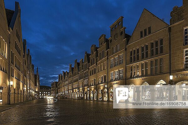 Illuminated historic gabled houses in the evening at blue hour  Prinzipalmarkt  Münster  North Rhine-Westphalia  Germany  Europe