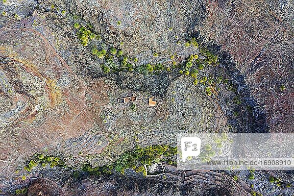 Palmen und Ruinen in skurril erodierter Schlucht  Barranco de la Negra  bei Alajero  Drohnenaufnahme  La Gomera  Kanaren  Spanien  Europa