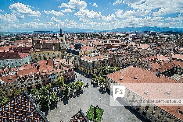 Aerial view from Lutheran Cathedral of Saint Mary in Historic Center of Sibiu city of Transylvania region  Romania.