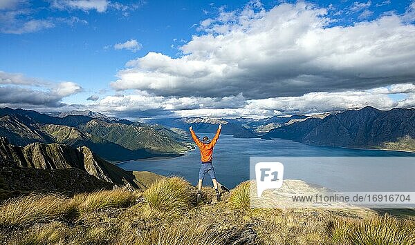 Hiker takes a leap in the air  view of Lake Hawea  lake and mountain landscape  view from Isthmus Peak  Wanaka  Otago  South Island  New Zealand  Oceania