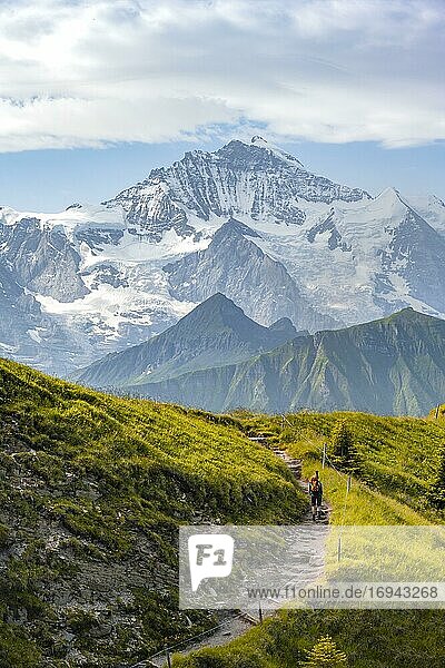 Wanderer auf Wanderweg  schneebedckten Berggipfel  Jungfraujoch und Jungfrau  Gletscher Jungfraufirn  Jungfrauregion  Grindelwald  Bern  Schweiz  Europa