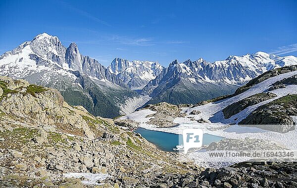 Bergpanorama  Lac Blanc  Berggipfel  Aiguille Verte  Grandes Jorasses  Aiguille du Moine  Mont Blanc  Mont-Blanc-Massiv  Chamonix-Mont-Blanc  Haute-Savoie  Frankreich  Europa
