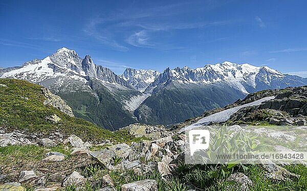 Hiker on hiking trail  Grand Balcon Sud  glacier  Mer de Glace  Aiguille Verte and Mont Blanc summits  Grandes Jorasses  Mont Blanc massif  Chamonix-Mont-Blanc  Haute-Savoie  France  Europe