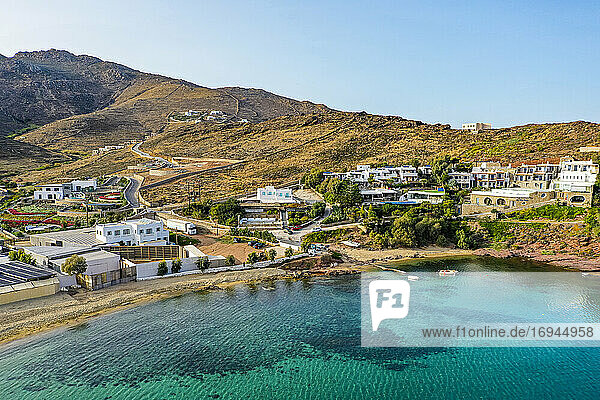 Luftaufnahme von Panormos Strand  Mykonos  Kykladen  Griechische Inseln  Griechenland  Europa