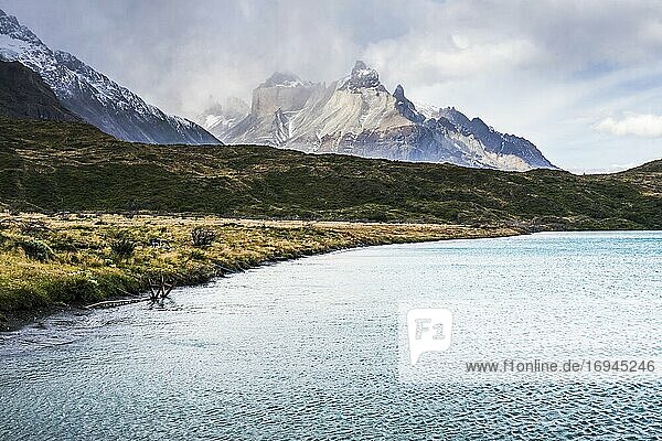 Paine Massif mountains  and Lake Pehoe  Torres del Paine National Park  Patagonia  Chile